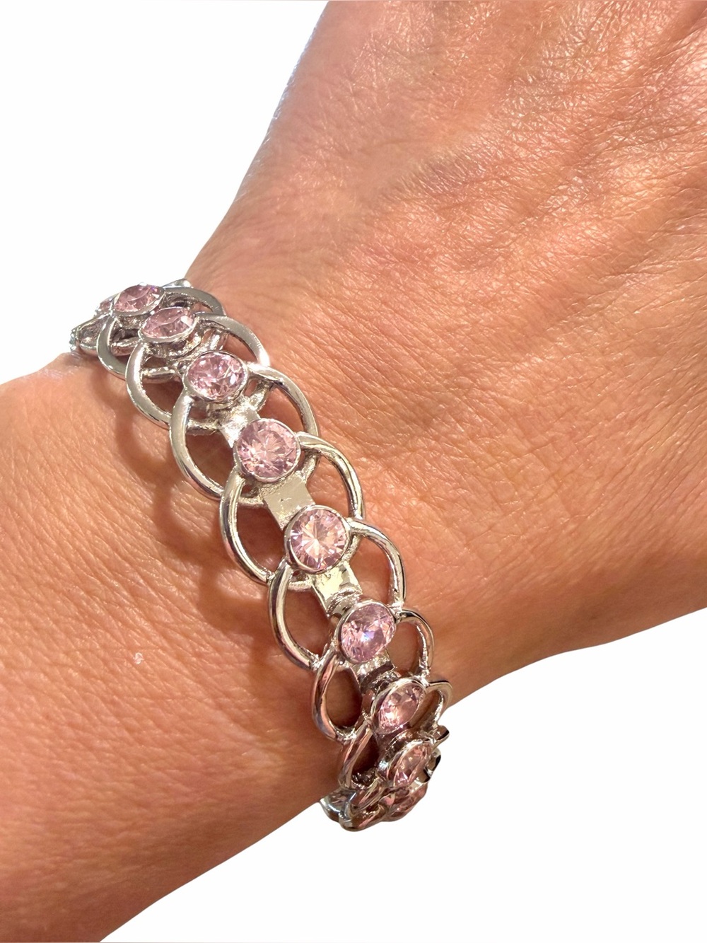 32.5g Genuine 925 Sterling Silver Infinity Bangle Push lock with Pink CZ Stones